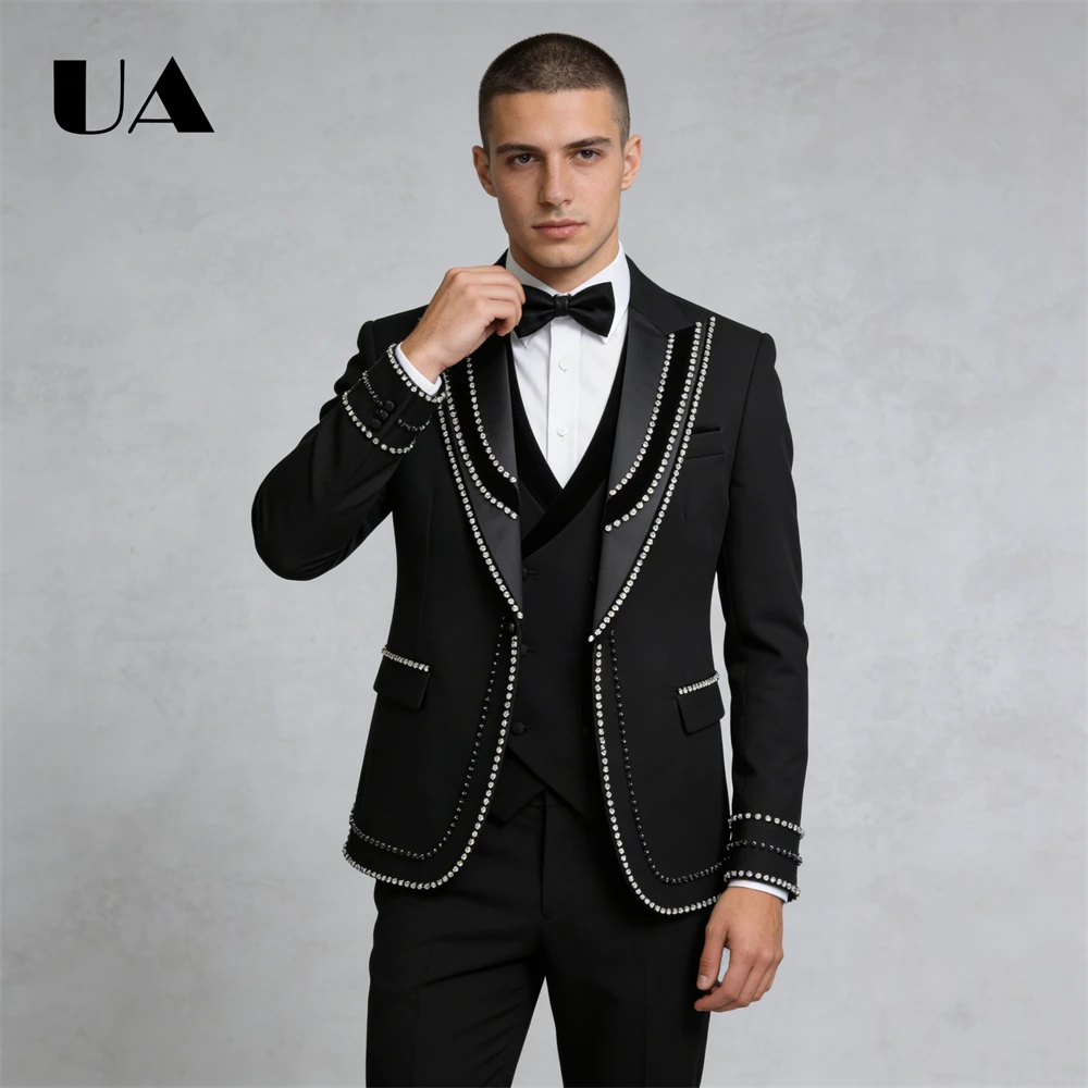 ULBYANRY Three Piece Suit Set for Men, Crystals Details Formal Suit Attire for Wedding, Groom Suit Set, Jacket Vest Pants