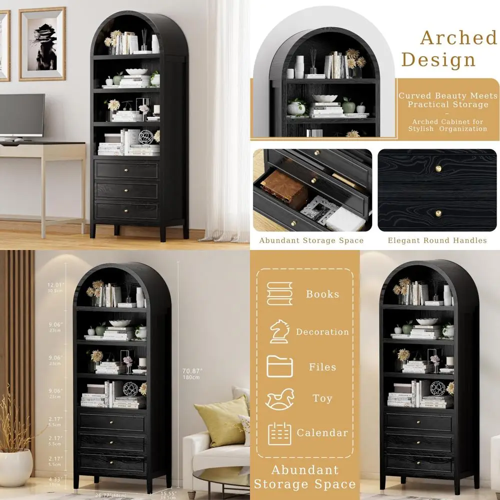 Арочный шкаф для хранения, Арочный книжный шкаф, Современный кухонный шкаф для фермерского дома с 3 большими ящиками и регулируемыми полками, Мульт.