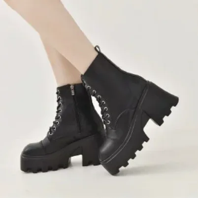 Women Autumn  Booties High Heel Large Size Square Head   Leather Women Ankle Boots Platform British Style  Boots Spring Women