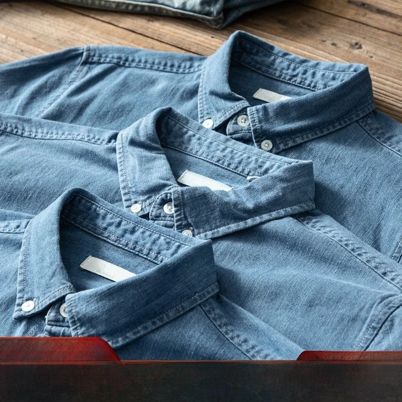 

Soft Washed Denim Casual Long Sleeve Men's Shirt Fashionable Autumn Wear Standard Fit Youth Urban Style Square Collar Open Ca...