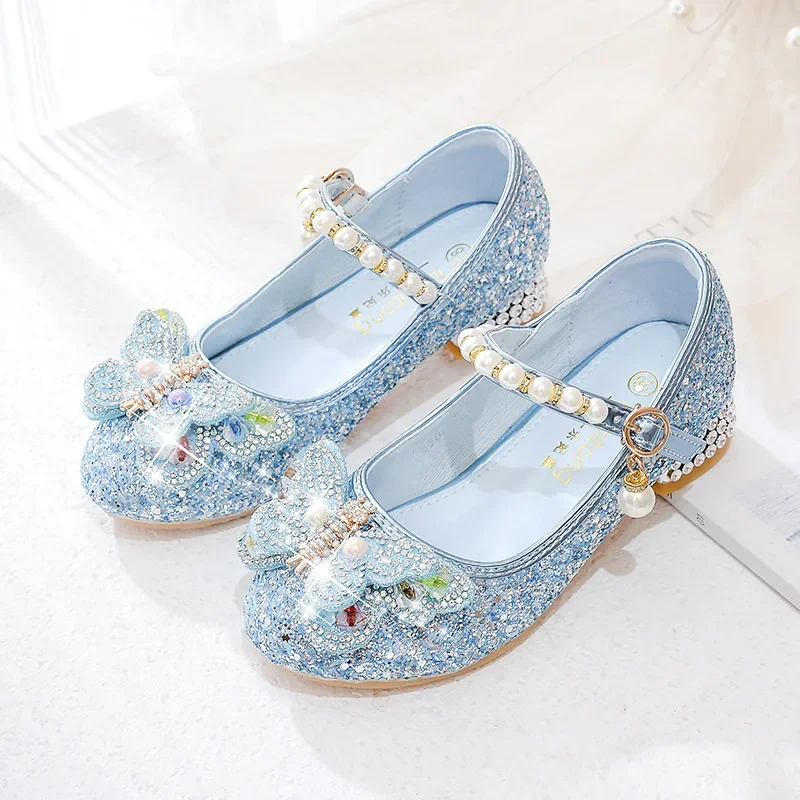 Scarpe da principessa per ragazze bambini Casual Glitter scarpe in pelle con tacco alto primavera autunno moda paillettes scarpe singole da sposa