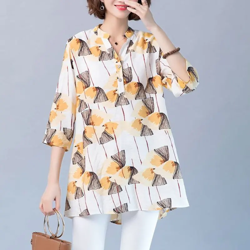 オフィスカジュアル V ネックボタンミディブラウス韓国ルース春夏スタイリッシュな花柄プリント女性服 3/4 スリーブシャツ JJ96
