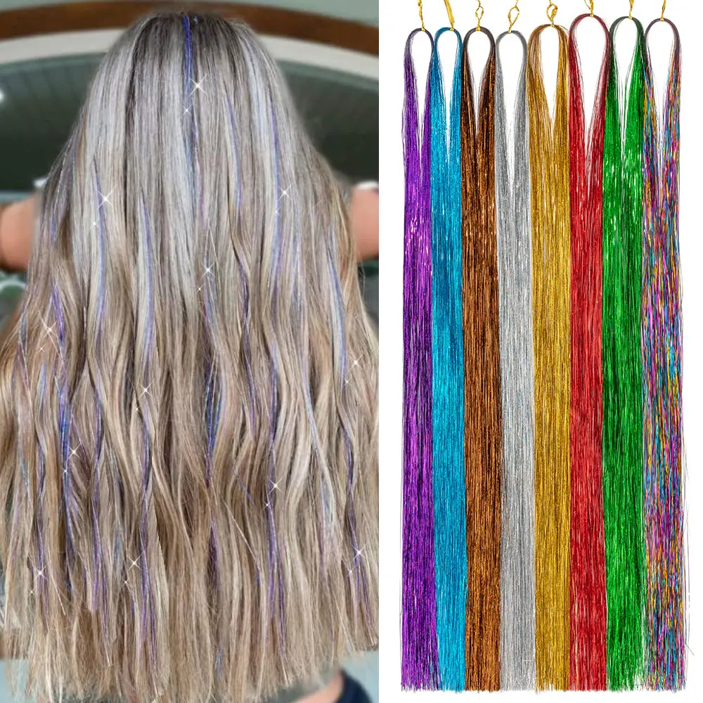 Rainbow Fairy Hair 48 Inch Hair Glitter Tinsel Hair Extensions Sparkling Shiny Hair Tinsel Strands Heat Resistant for Women Girl