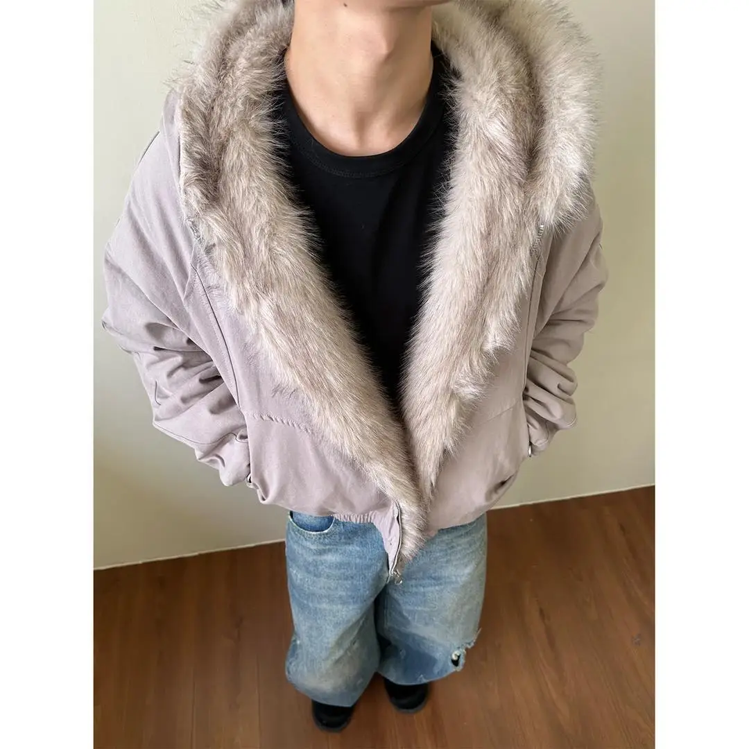 Retro Unisex Cleanfit Cotton Coat Man Women Eagle Fur Collar Hooded Jacket Thickened Winter Outerwear Parkas
