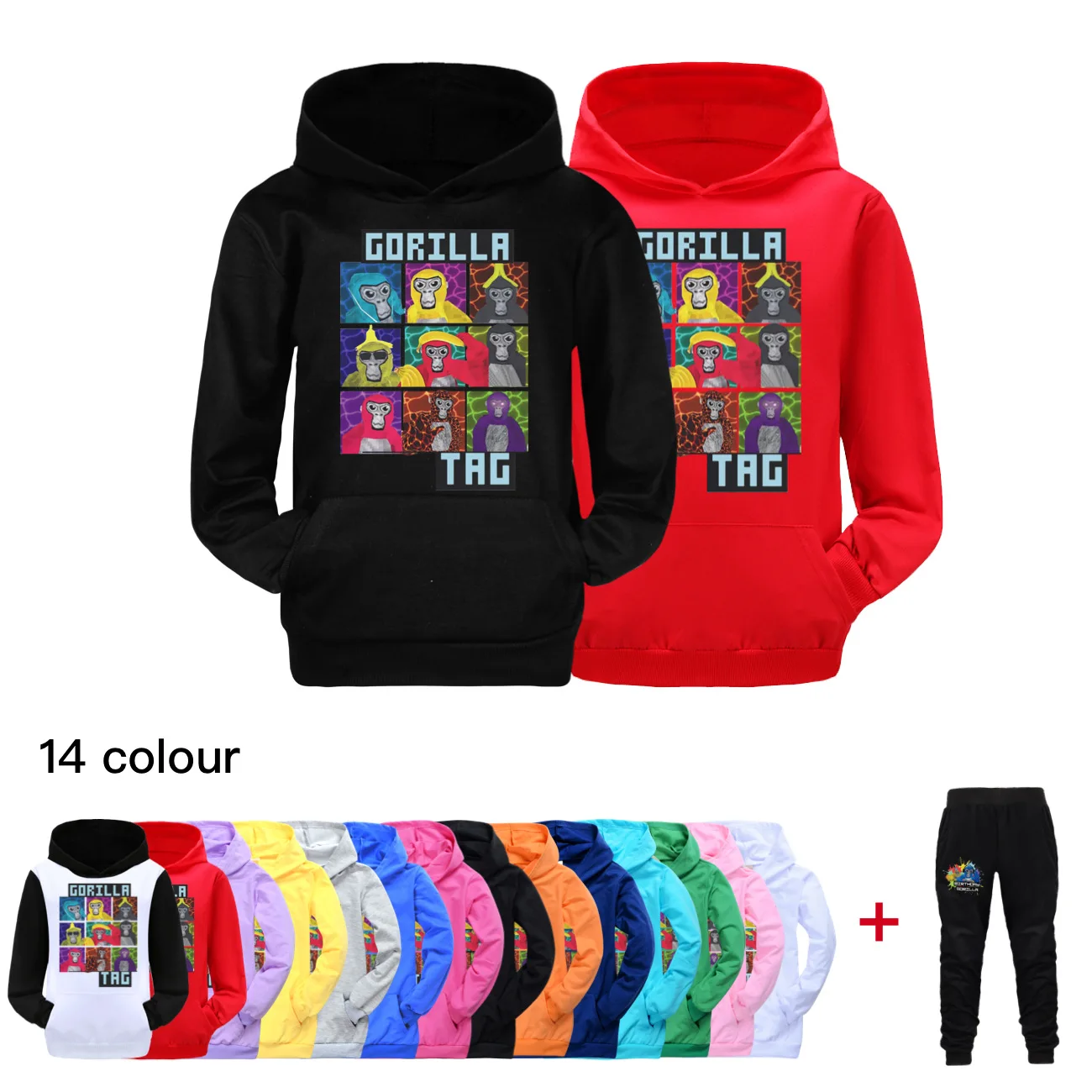 Conjunto de ropa con estampado de gorila para niños, Sudadera con capucha y pantalones con estampado de dibujos animados, juego de VR, mono, 2