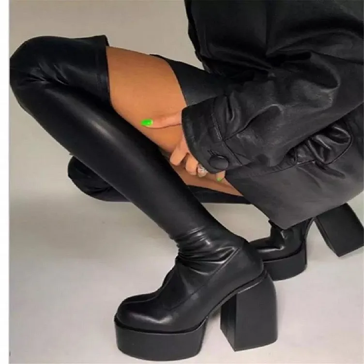 Sexy Style Platform Boots Elastic Microfiber Shoes Woman Classic Ankle Boots High Heels Black Thick Platform Long Knee High Boot