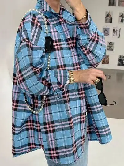 Vintage Loose Plaid Women'S Shirt Fashion Lapel Long Sleeve Office Lady Shirts And Blouses Tops Female Clothing
