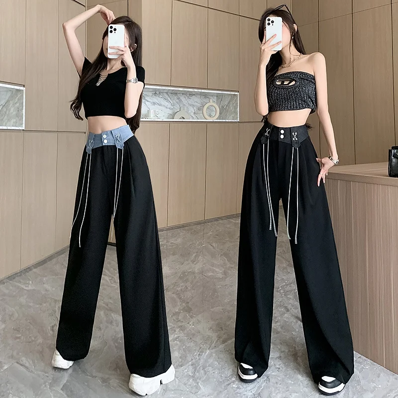 Summer New Women's Wide Leg Suit Pants High Waist Drapey Denim Patchwork Casual Trousers Floor-Length Korean Style Commute