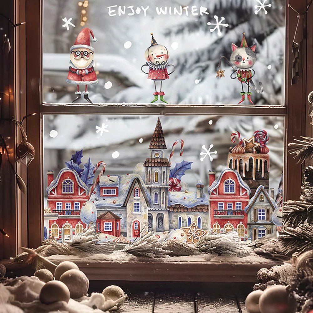 Double-Sided Stained Christmas Window Sticker Snowman and Candy House, Static Clings Reusable Xmas Supplies Glass Film for Home