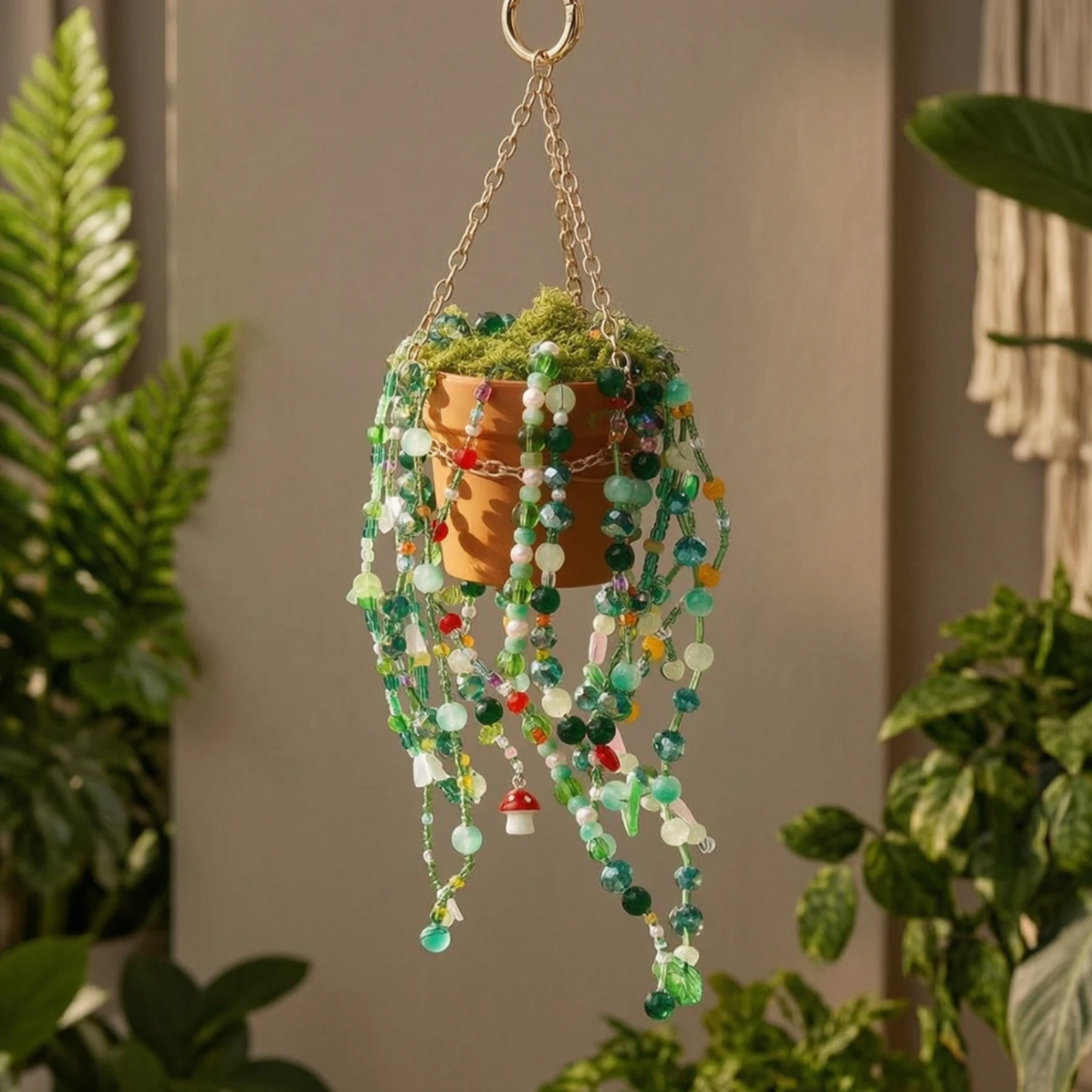 Hanging Plant Pot Ornament Boho Hanging Planter Ornament with Beads Disco Ball Planter with Chain Bohemian Long-Lasting