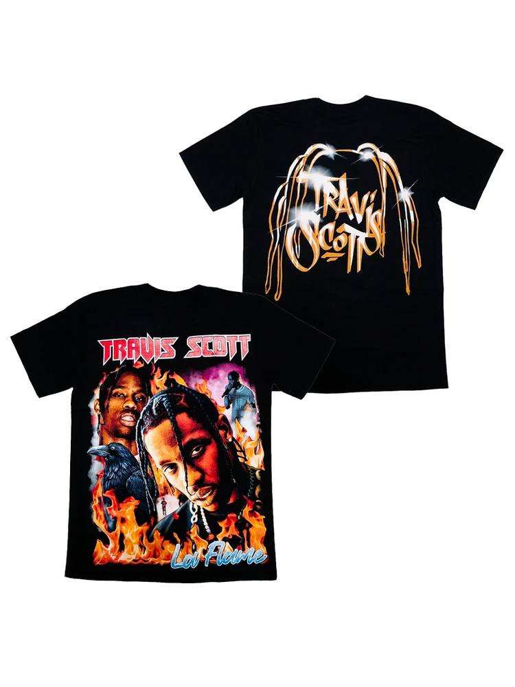  American Style Men's Short Sleeve T-Shirt Hip Hop Rap La Flame Fire Printed Breathable Sweat Absorbent Cotton Tee