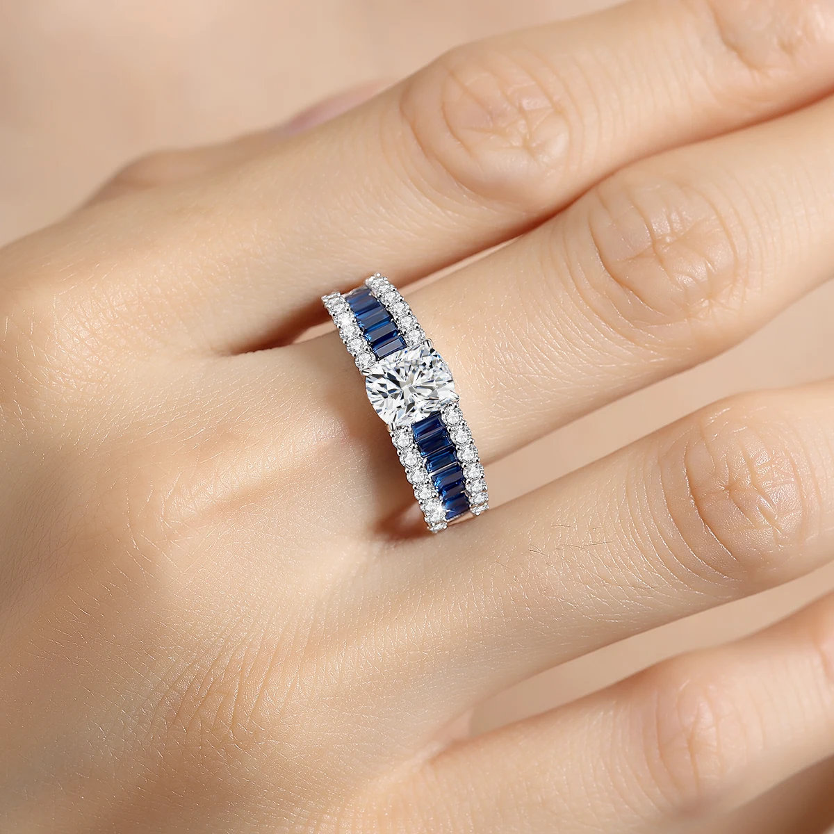 

925 Sterling Silver Blue Moissanite Ring 1.5ct Cushion Cut Women's Jewelry Luxury Gift for Girlfriend Wedding Anniversary