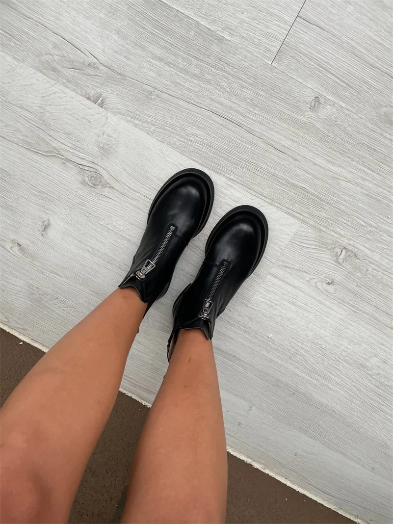 Meotina kobiety prawdziwej skóry kostki Chelsea Boots platformy grube średni obcas zamek krótkie buty okrągłe Toe buty damskie jesienno-zimowa