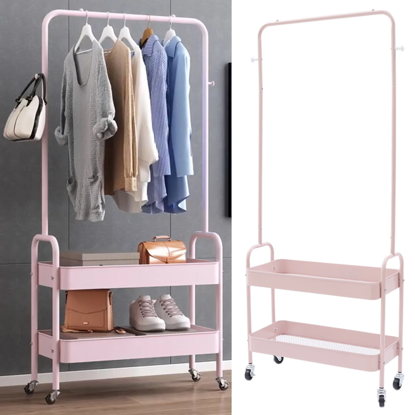 Durable Carbon Steel Coat Rack with 4 Wheels, Moisture-Proof Storage Basket, Stable and Anti-Skid Bottom, Easy to Move and Fix