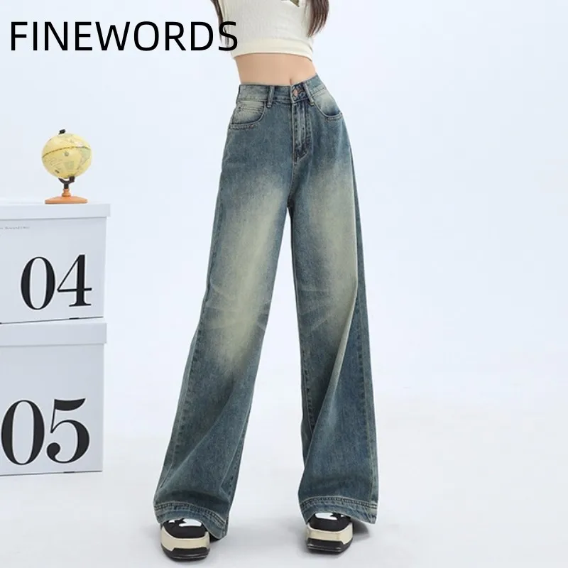 FINEWORDS Vintage Washed Blue High Waist Jeans Women Casual Korean Wide Leg Baggy Jeans Streetwear y2k punk Loose Denim Pants