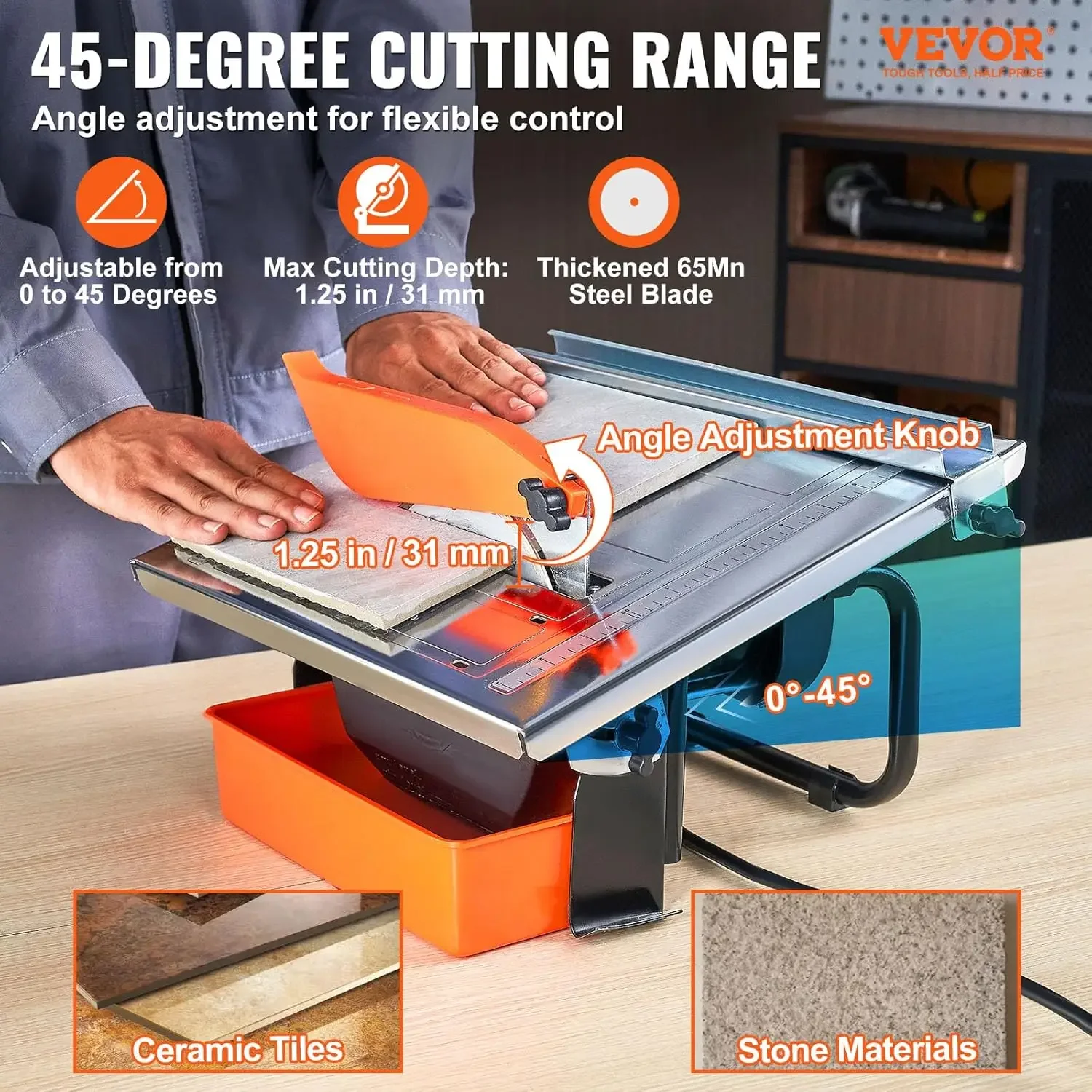 7-inch 65Mn Steel Blade,Wet Tile Saw,3500 RPM Induction Motor,Tile Cutter Wet Saw with Water Reservoir,0-45 Degrees Miter Angle