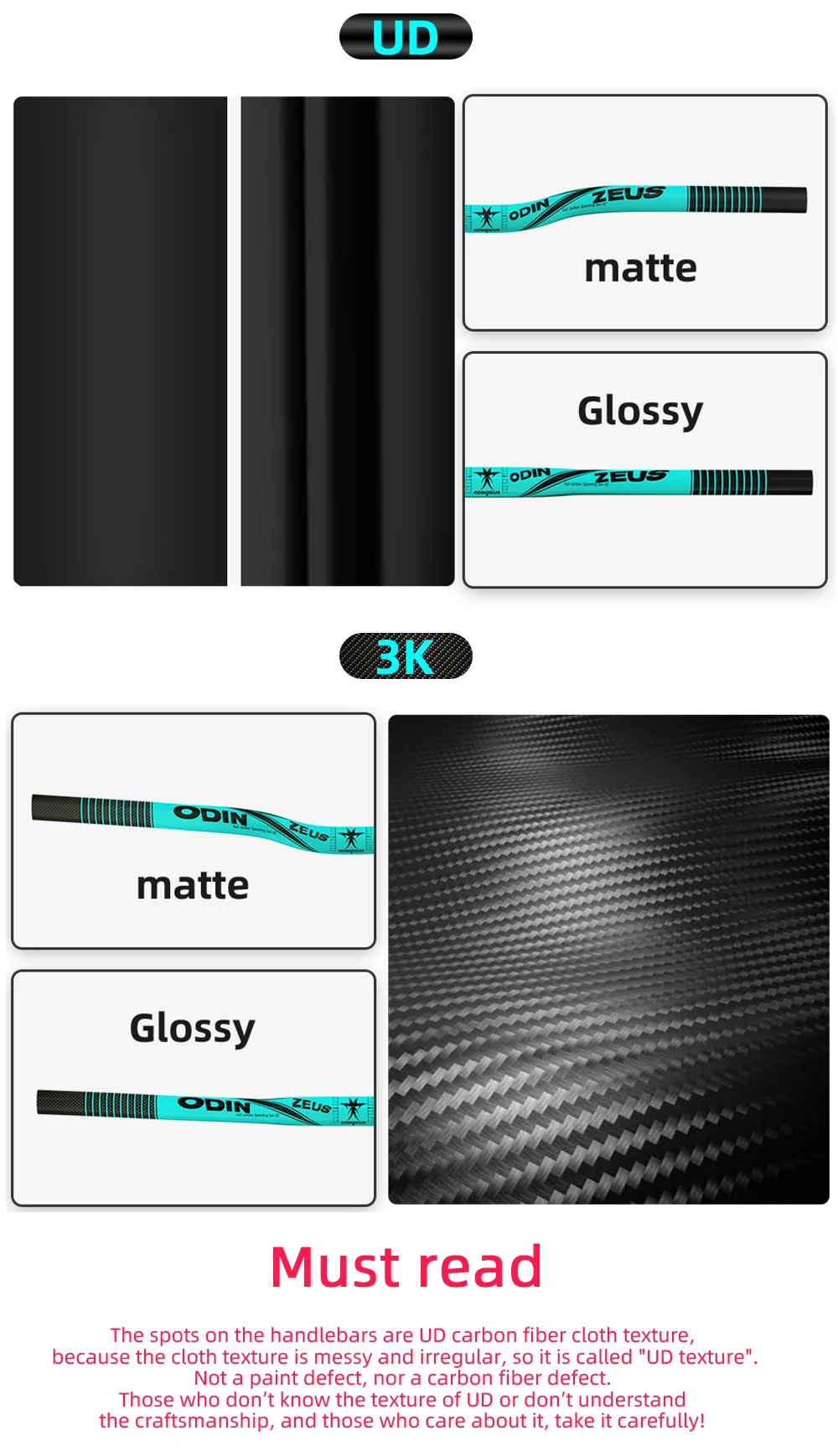 ODINZEUS 10-farbiger MTB-Lenker aus Vollcarbon, flach/erhöht, 31,8 mm, leicht, 580–740 mm, UD/3K, glänzend schwarz, für Mountainbiking – Detail 7