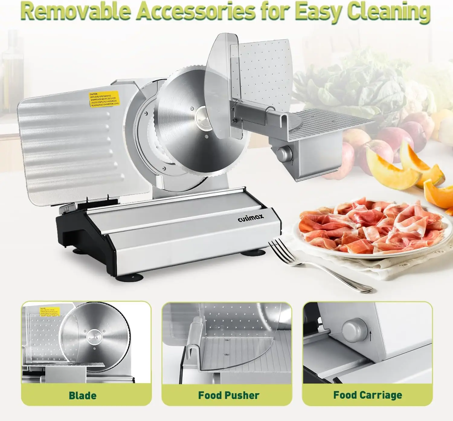 Home Electric Meat Slicer Two 7.5 Inch Stainless Steel Blades 1 20mm Adjustable Thickness Cut Various Foods Removable Food Carri