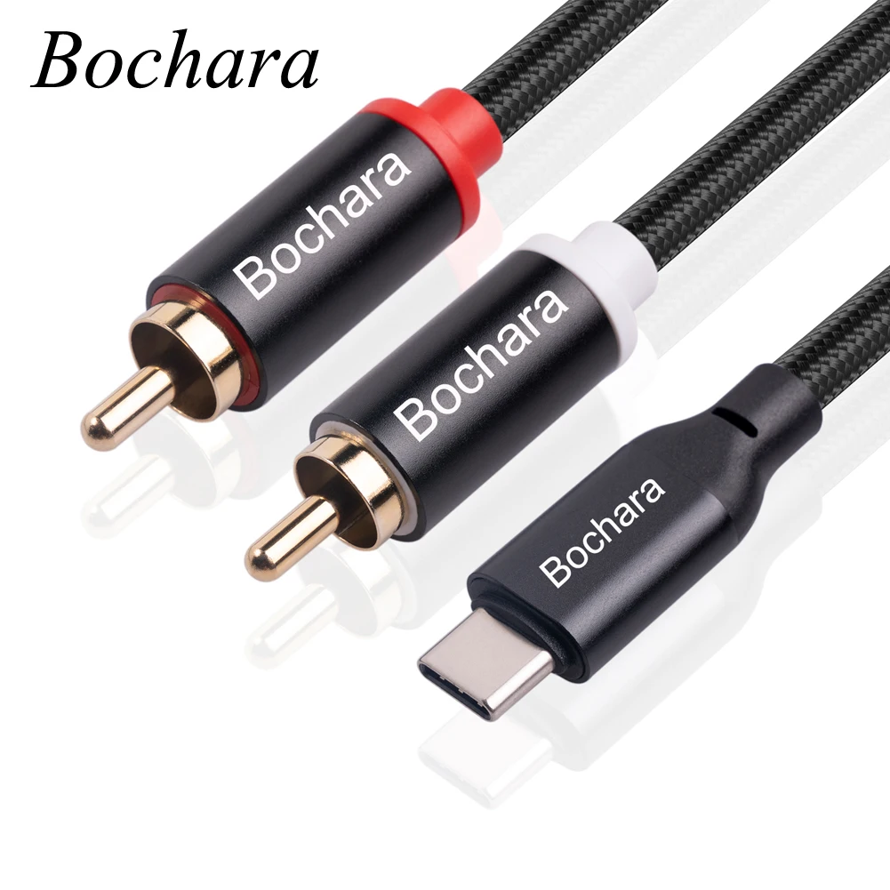 Bochara Braided Type C to 2RCA OFC Audio Cable Built-in DAC Decoding IC Chipset Foil+Braided Shielded 1m 2m
