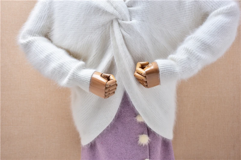 Dames femmes automne hiver mode blanc attaché poilu vison cachemire tricoté col en v manches longues ample Long Pull Pull Pull