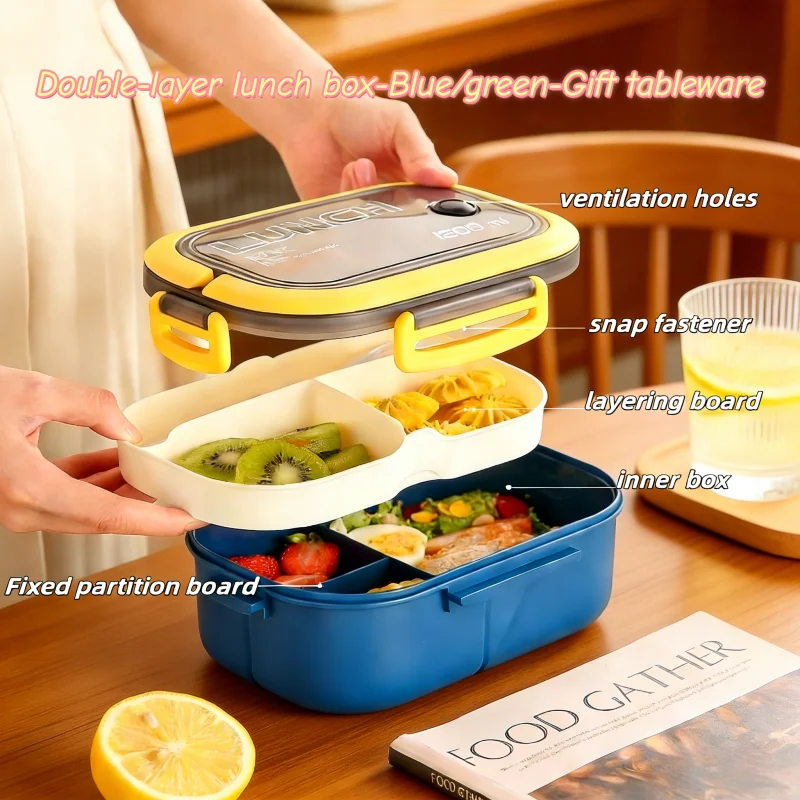 Portable Sealed Double Layer Leak Proof Bento Box with Cutlery Microwave Safe Kids Lunch Box Food Container Kitchen Accessory