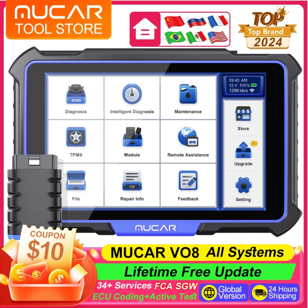 

MUCAR VO8 Professional Diagnostic Tools OE Full System OBD2 Scanner With Active Test ECU Coding 34 Reset Lifetime Free Update