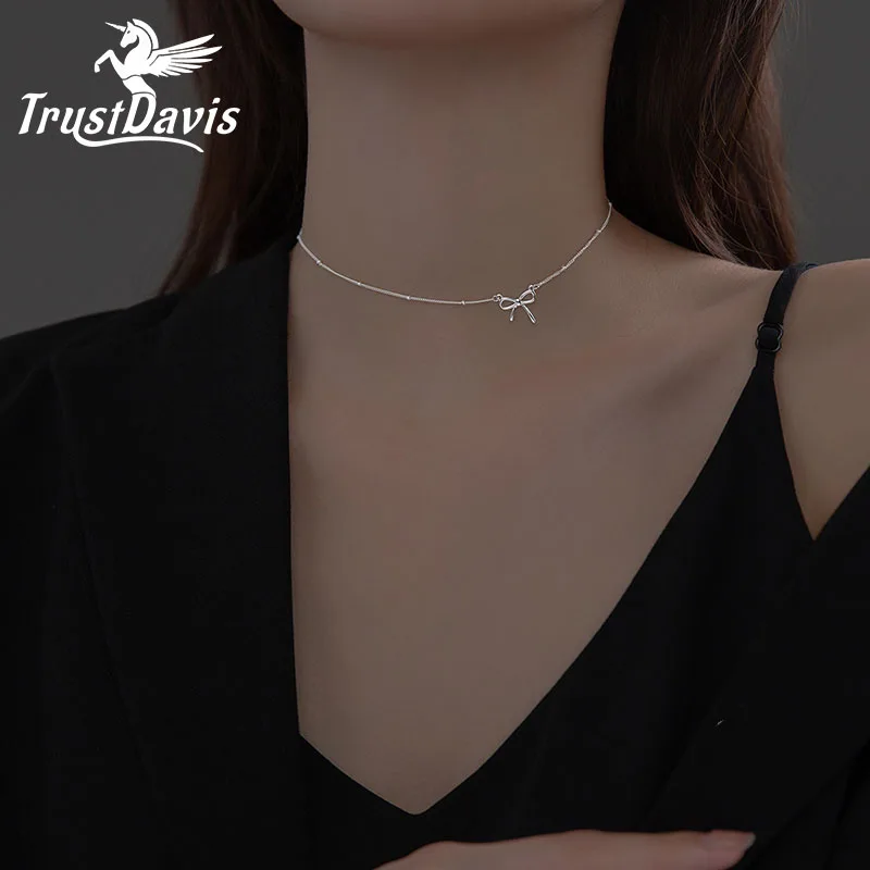 

TrustDavis Real 925 Sterling Silver Simple Bowknot Short Clavicle Chain Necklace For Daughter Girls Gift 925 Jewelry DE0003