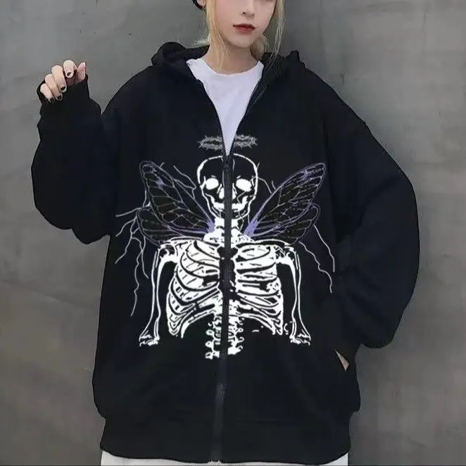 2025 Autumn and Winter New Hoodie with Velvet Zipper Printed Loose Top