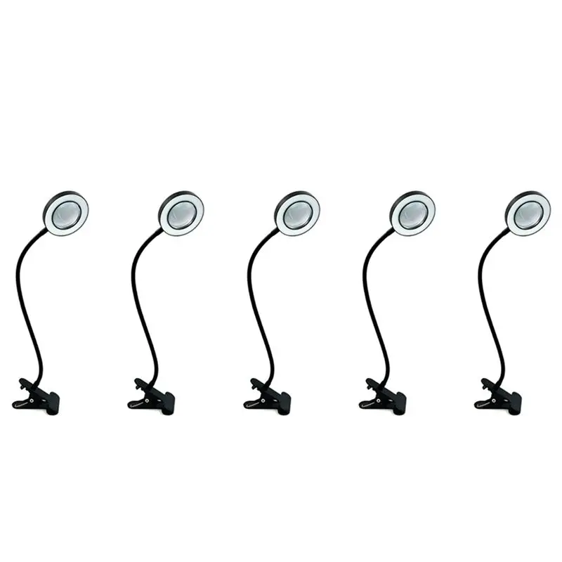 TFTP-48 LED Desk Lamp Clip With 5X Magnifying Glass Light 360° Adjustable 3 Modes LED Desk Light For Bed Desk Work Crafts-5PC