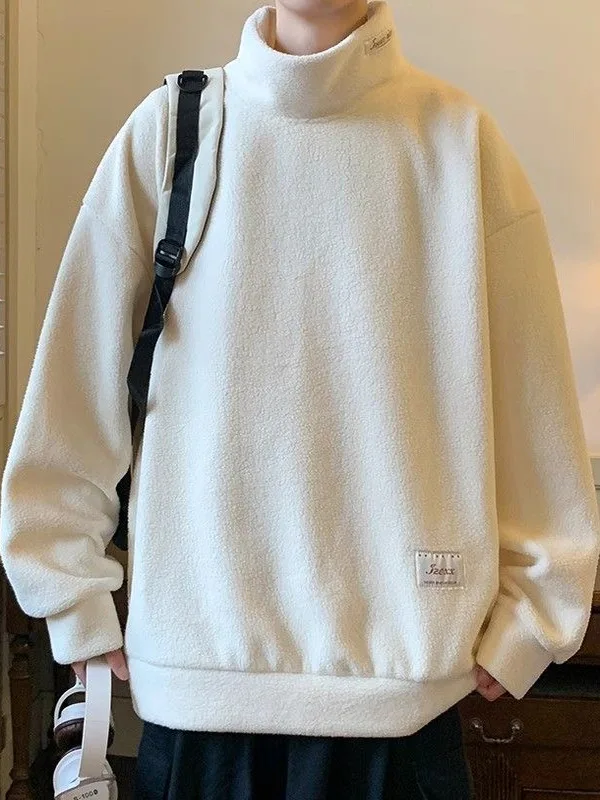 

Мужская зимняя толстовка из овечьего флиса с полувысоким воротником, новая, модная, повседневная, свободного кроя, для подростков, базовая, комфортная, теплая, стильная