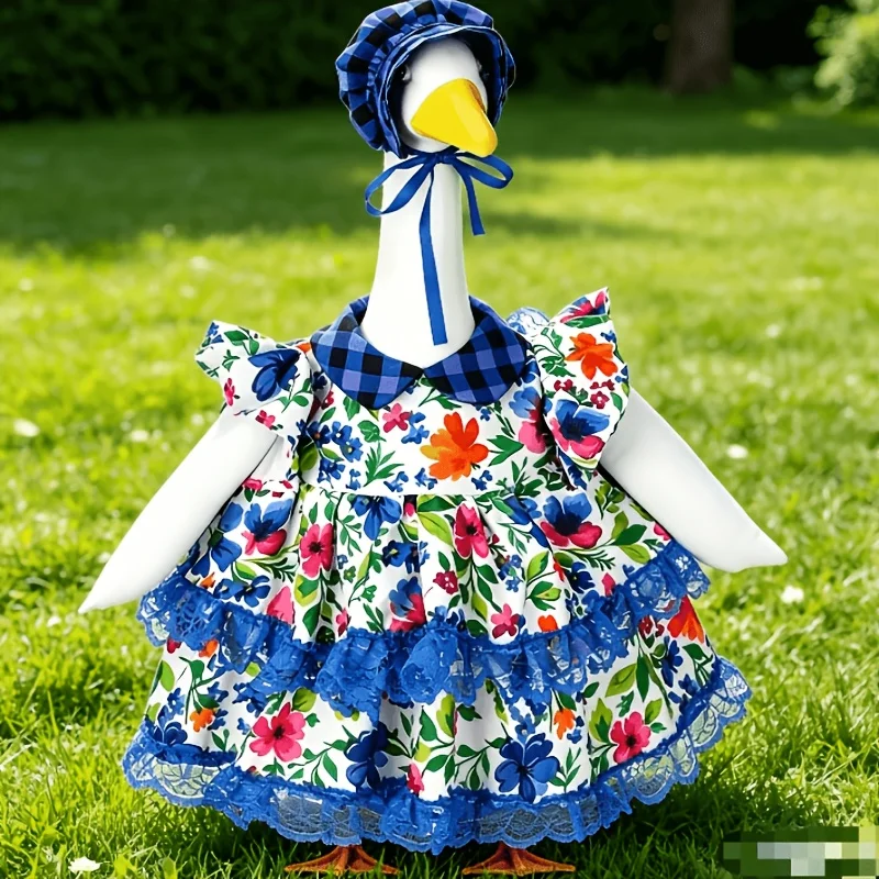 Vestido de 23 pulgadas con cuello de guinga azul y ribete de encaje con gorro a juego - Disfraz de Porch Goose con estampado floral, ideal para fiestas al aire libre en primavera y verano, búsqueda de huevos de Pascua, juegos de rol y eventos temáticos.
