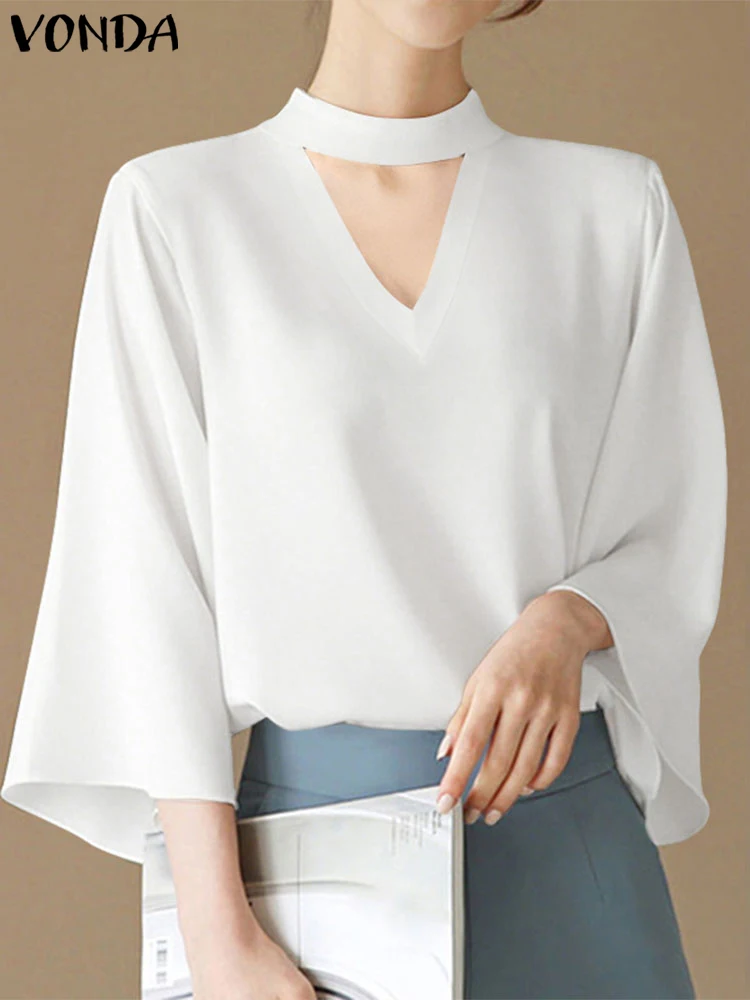 

Женская сексуальная блузка VONDA 2025, модные элегантные рубашки OL, повседневные однотонные туники с вырезом и v-образным вырезом, свободные блузки с рукавами 3/4