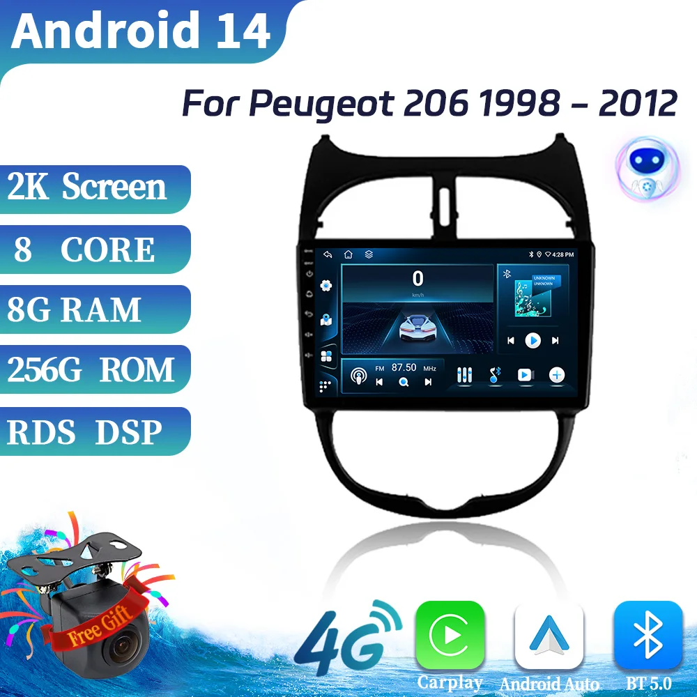 

Android 14 For Peugeot 206 1998-2012 Head Unit Screen Wireless Bluetooth Carplay Stereo Radio Multimedia Center GPS Touch Screen