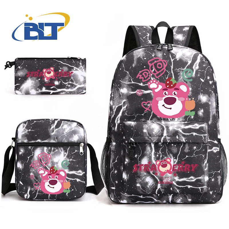 lotso bear printed backpack set student strawberry bear school bag shoulder bag pencil case 3-piece set kids gift