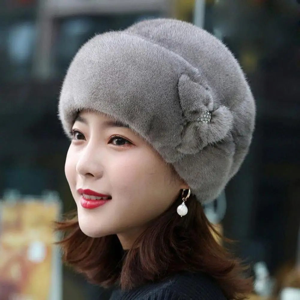 Warm And Stylish Ladies Hat Winter Hat Elastic Fit Plush Imitation Mink Windproof Solid Color with Floral Beret Women Supplies