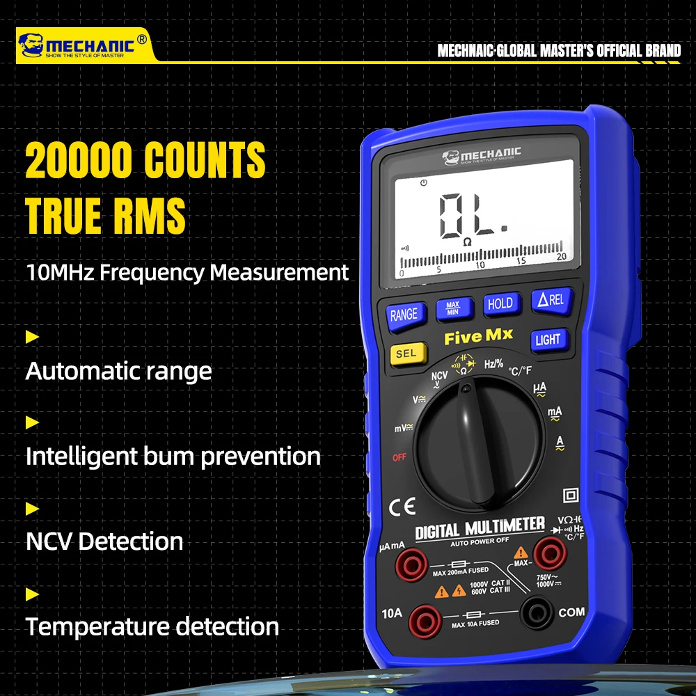 

MECHANIC 1000V 10A Professional Digital Multimeter 20000 Counts True RMS Auto Range Ohm Hz Capacitance Tester NCV Detection