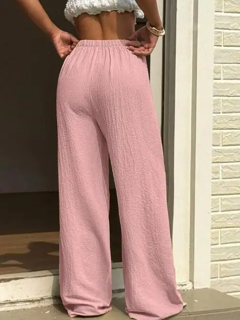 

2025 High Waisted Solid Color Lace Up Loose Wide Leg Pants for Summer Casual and Simple Women Vacation Style Straight Leg Pants