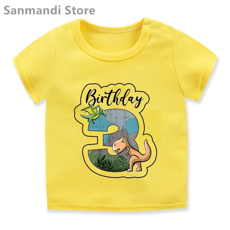 

New Hot Sale Yellow Children'S Clothing Jurassic Dinosaur 2th-9th Birthday Gift T-Shirt Girls/Boys Clothes Harajuku Shirt