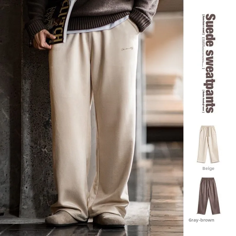 

Maden Casual American Sle Suede Fce Wide Leg Pants Loose Drapey Straight Cut Men Autumn Winter Long Youth ular Polyes...