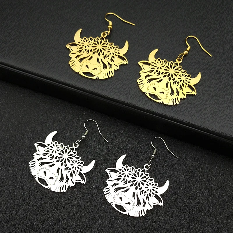 Bohemia Flower Cattle Cow Dangle Earrings for Women Men Stainless Steel Gold Silver Color Bull Calf Animal Earring Jewelry