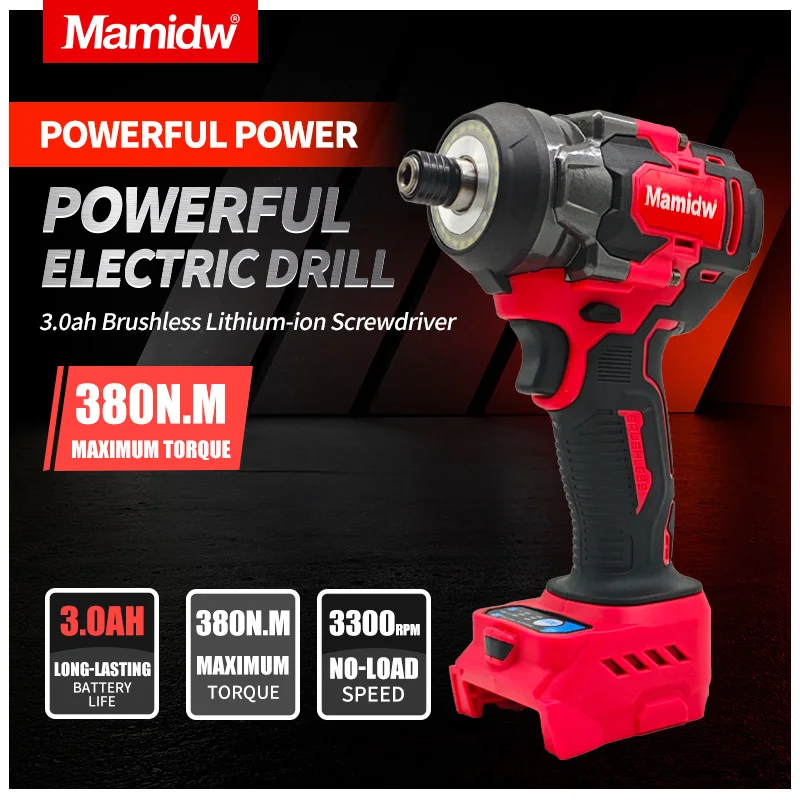 

Mamidw 380N.m Cordless Electric Impact Screwdriver 3300RPM Brushless Electric Driver Drill For Milwauk 18V Battery