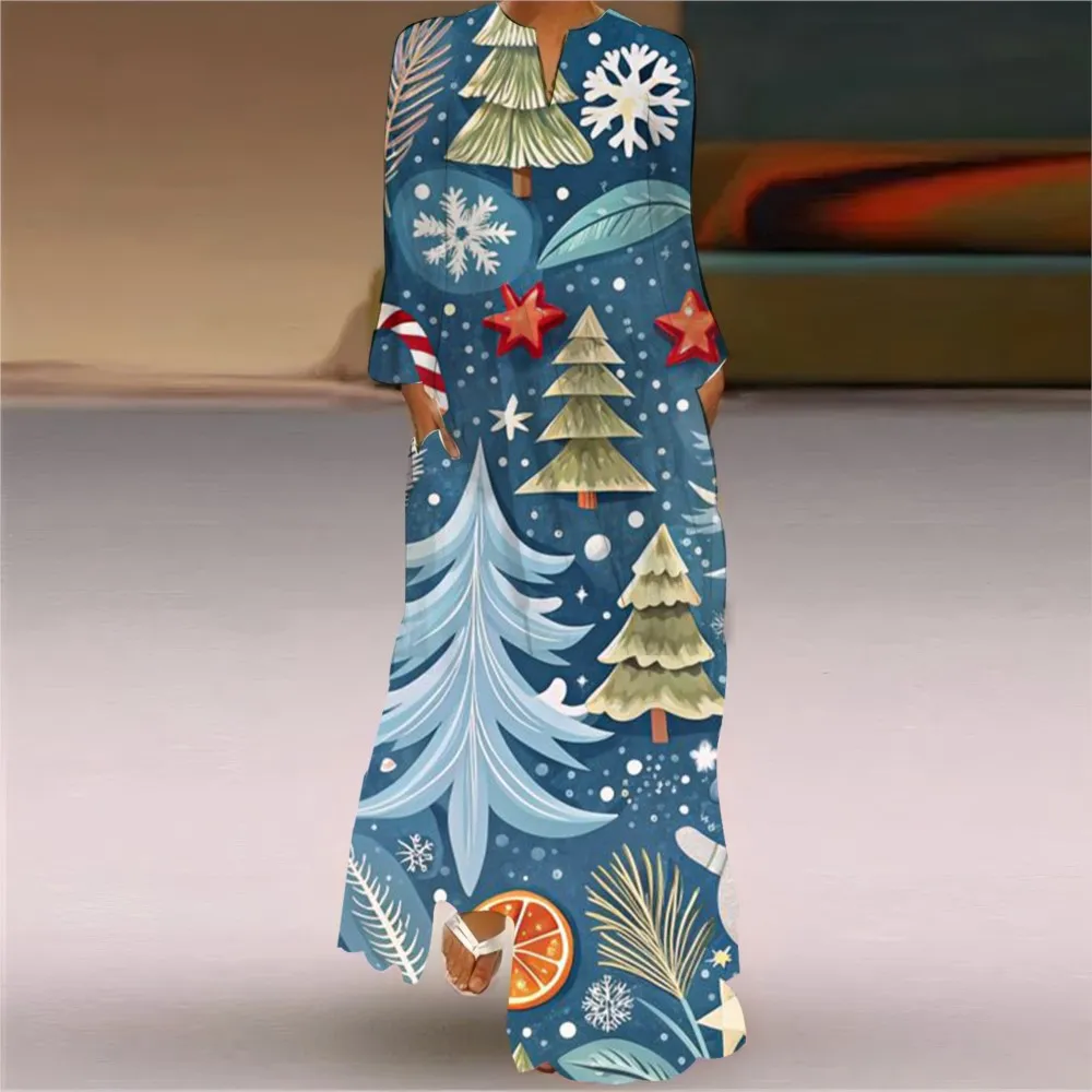 Fashionable Christmas Tree Printed Boho Long Dress 2024 Women's Loose V-neck Long Sleeved Big Swing Party Dress Vestido Feminino