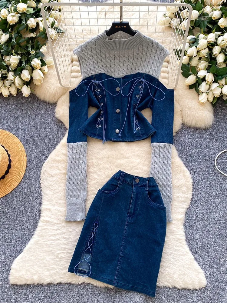 Denim Knit Patchwork 2Pcs Women Off Shoulder Top+Slit Bodycon Skirt Drawstring Design Edgy Designer-Inspired Sets костюм