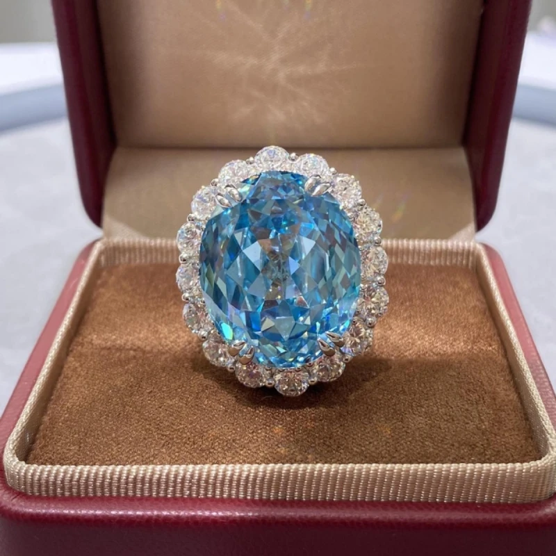 Bellux high carbon diamond ring oval pigeon egg light blue gemstone set with white diamond luxury 925 silver jewelry rings