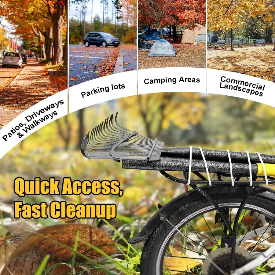 頑丈なガーデンレーキで効率的な落ち葉やゴミの掃除：18インチ幅の金属製レーキ、65cm調節可能なハンドル、25歯のデザイン