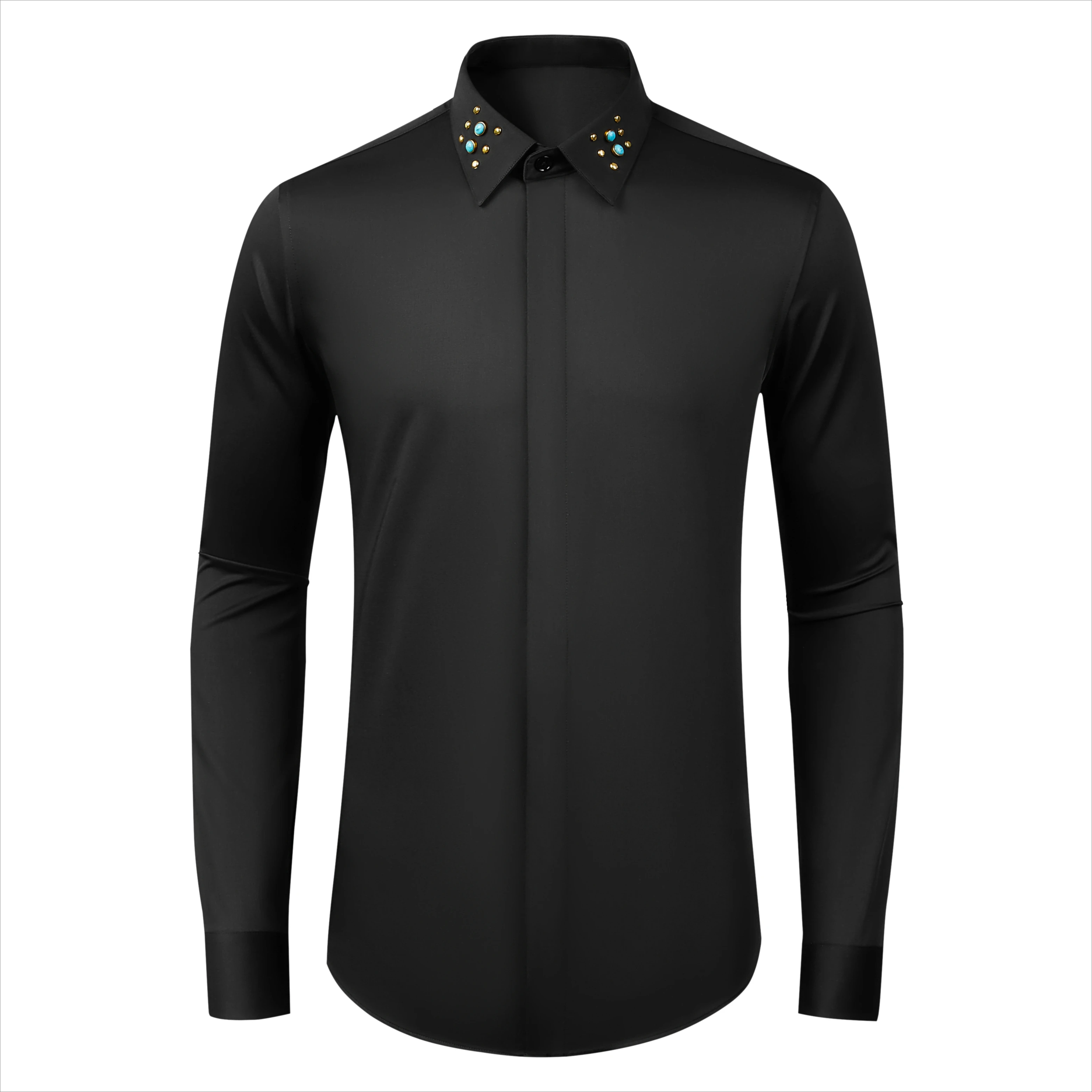 Brand Luxury Rivet Decoration Men's Shirt Long Sleeve Slim Fit Casual Business Dress Shirt Stage Performance Banquet Costumes