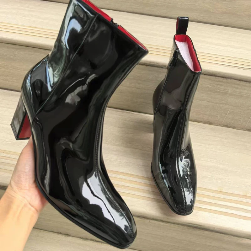 Patent Leather High-heeled Men's Boots Black Winter Boots Retro Style Ankle Boots Zipper Casual Boots High-top Shoes For Men