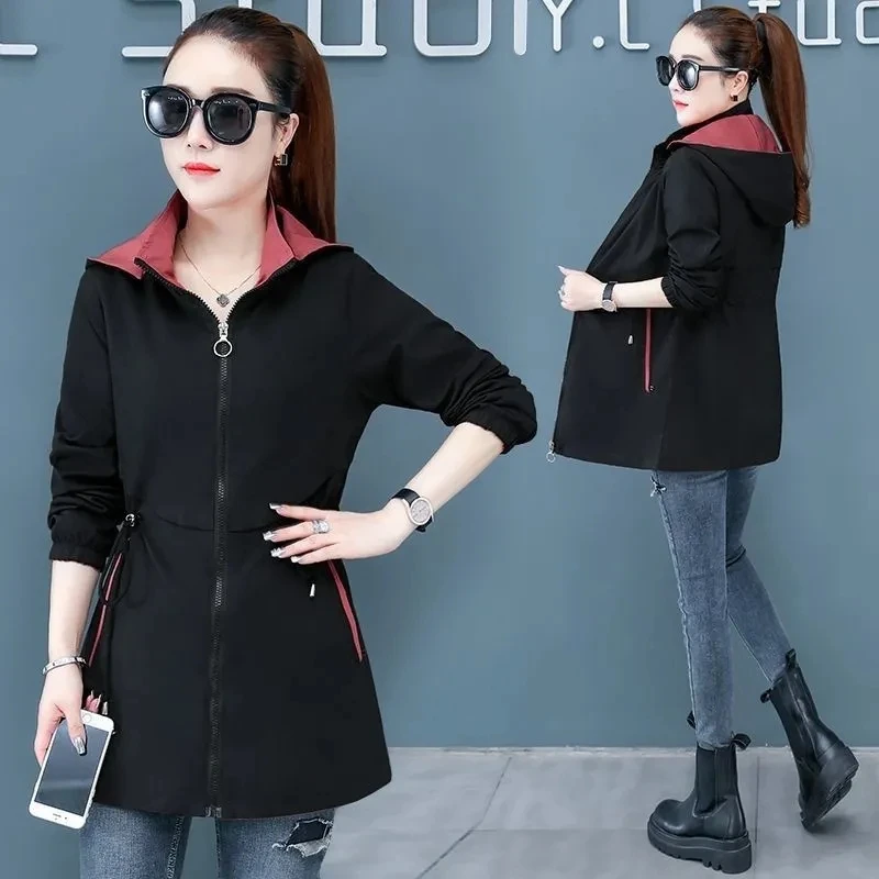 New Fashion Double-Sided Wear Trench Coat Women Mid-Longth Spring Autumn High Quality Hooded Windbreakers Female Tops Outerwear