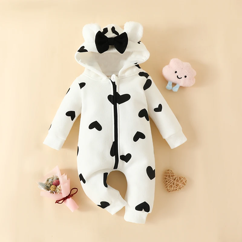 2023-08-11 Lioraitiin 0-18M Newborn Baby Girls Boys Romper Fleece Footie Long Sleeve Hooded Zipped Heart Cow Pattern Jumpsuit