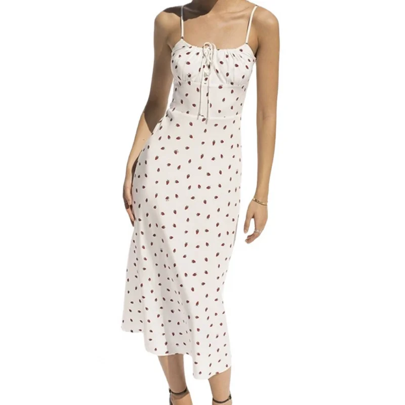 فستان صيفي بحزام بطبعة فراولة على الطراز الأوروبي والأمريكي متوسط الطول بدون ظهر